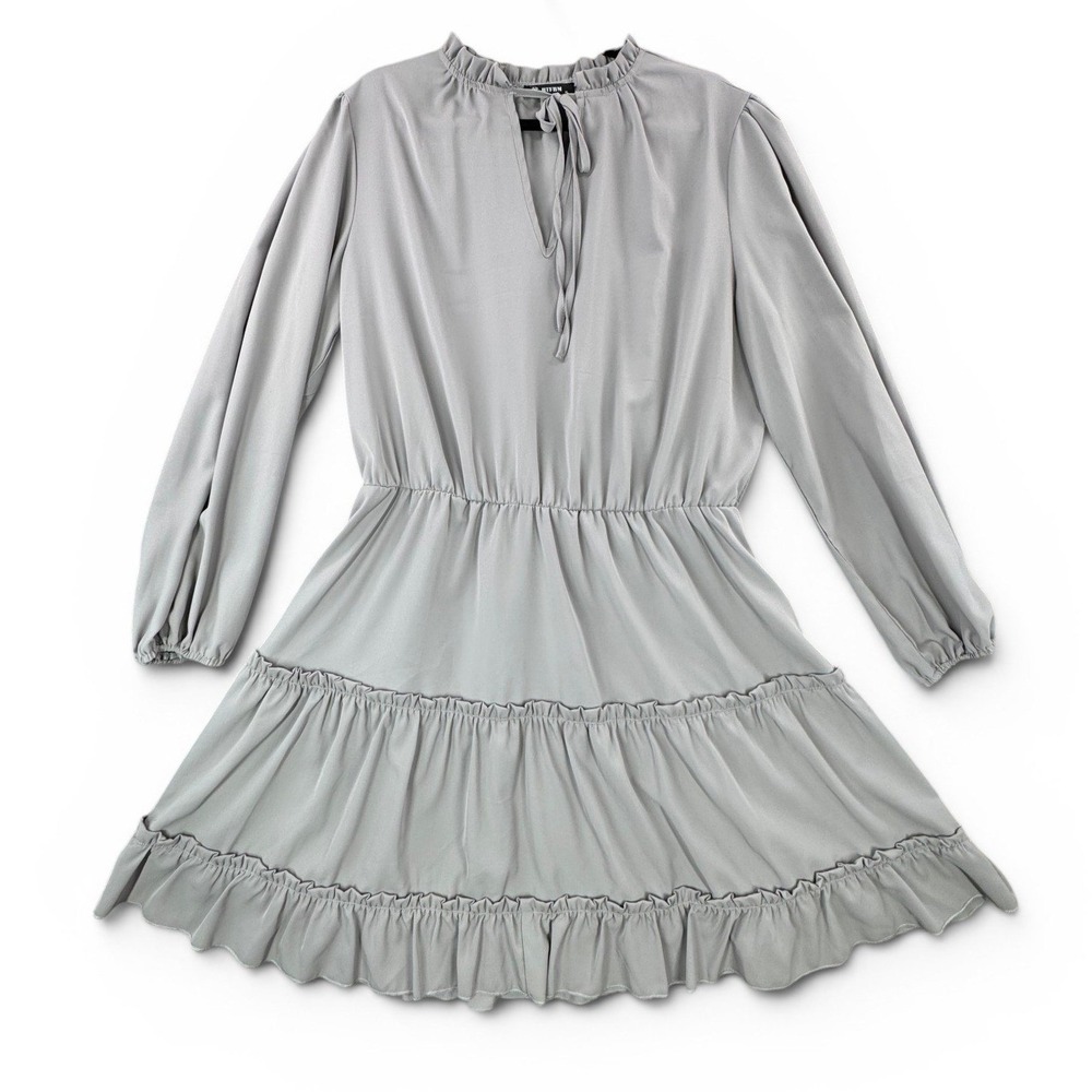 Womens XL Gray Tiered Mini Dress Long Sleeve Ruffle‎ Tie Neck Elastic Waist Boho